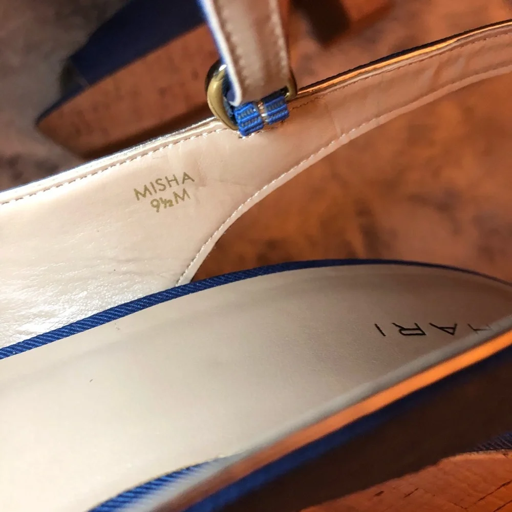 TAHARI “Misha” Blue Cork & Canvas Platform Slingback Heels